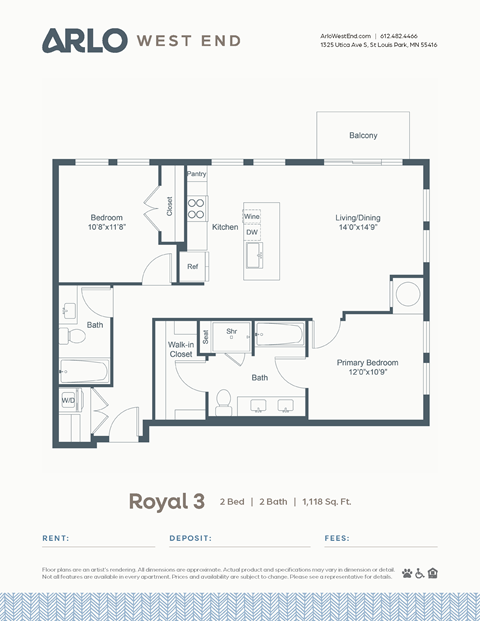 Floor plan for 2 beds, 2 baths, 1118 sqft